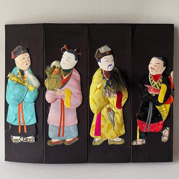 Vintage Chinese Immortals Folding Paper Basket Silk & Paper Asian Decor - Picture 10 of 11